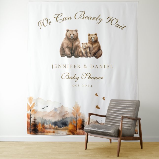Autumn Woodland Bear Family We Can Bearly Wait Tapestry (In Situ)