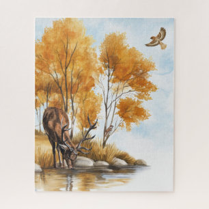 Autumn Woodland Creek Deer and Hawks Nature Jigsaw Puzzle