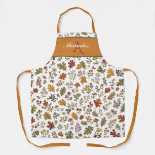 Autumn Woodland Floral Leaf Mushroom Custom Name Apron