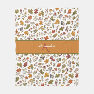 Autumn Woodland Floral Leaf Mushroom Custom Name Fleece Blanket