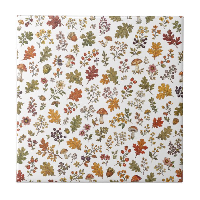 Autumn Woodland Floral Leaf Mushroom Pattern Tile (Front)