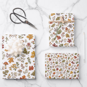Autumn Woodland Floral Leaf Mushroom Pattern Wrapping Paper Sheet