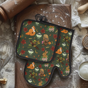 Autumn woodland Forest Animal Green Oven Mitt & Pot Holder Set