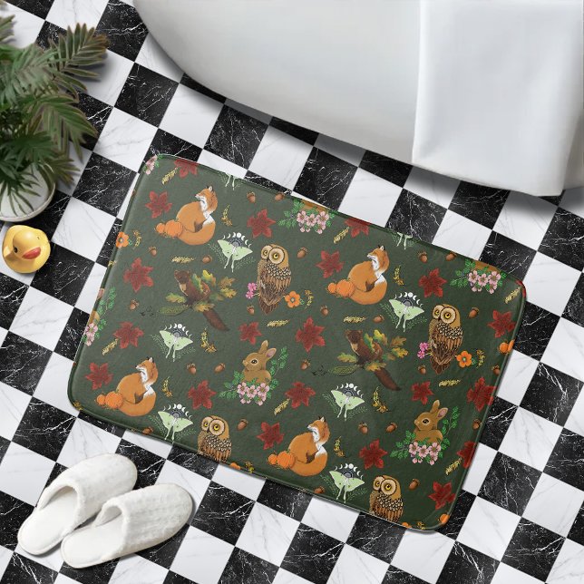 Autumn Woodland Forest Animals Green Bath Mat (Creator Uploaded)