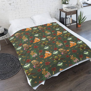 Autumn Woodland Forest Animals Green Fleece Blanket