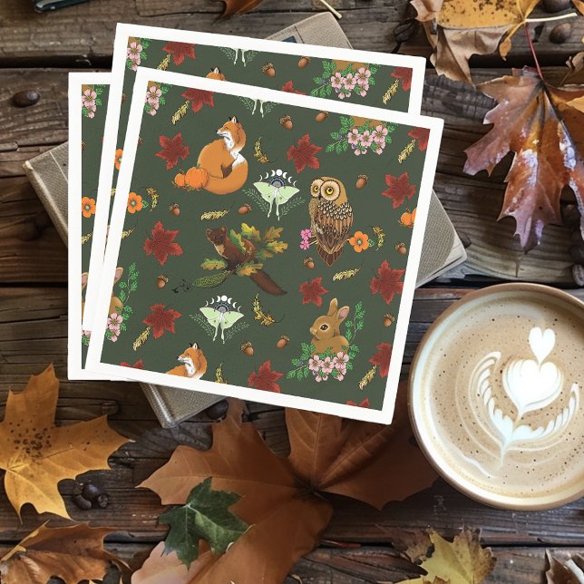 Autumn Woodland Forest Animals Green Napkin (Creator Uploaded)