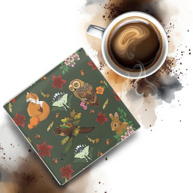 Autumn Woodland Forest Animals Green Pattern Glass Coaster (Creator Uploaded)