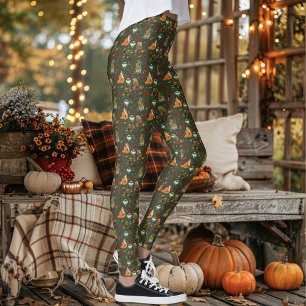 Autumn woodland Forest Animals Green Pattern Leggings