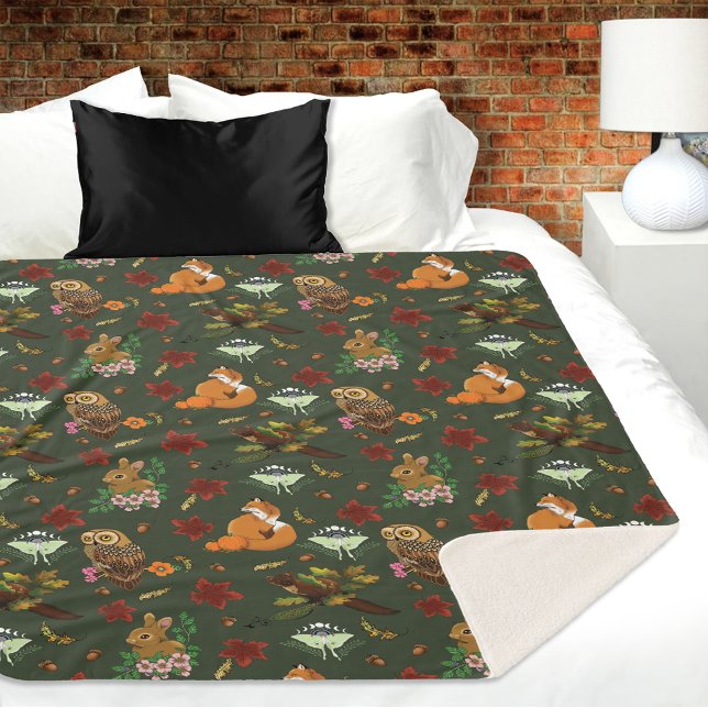 Autumn Woodland Forest Animals Green Pattern Sherpa Blanket (Creator Uploaded)