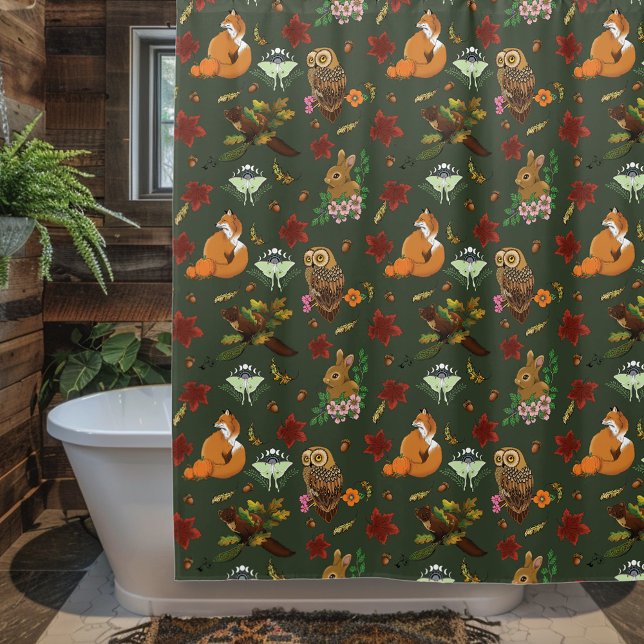 Autumn Woodland Forest Animals Green Pattern Shower Curtain (Creator Uploaded)