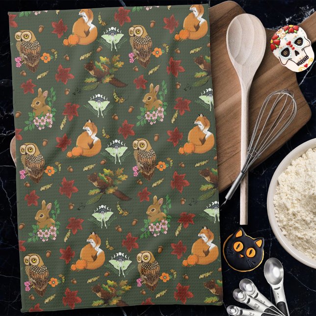 Autumn Woodland Forest Animals Green Pattern Tea Towel (Creator Uploaded)