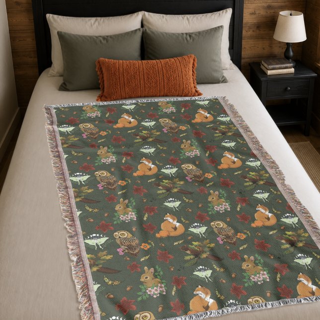 Autumn Woodland Forest Animals Green Pattern Throw Blanket (Creator Uploaded)