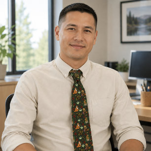 Autumn Woodland Forest Animals Green Pattern Tie