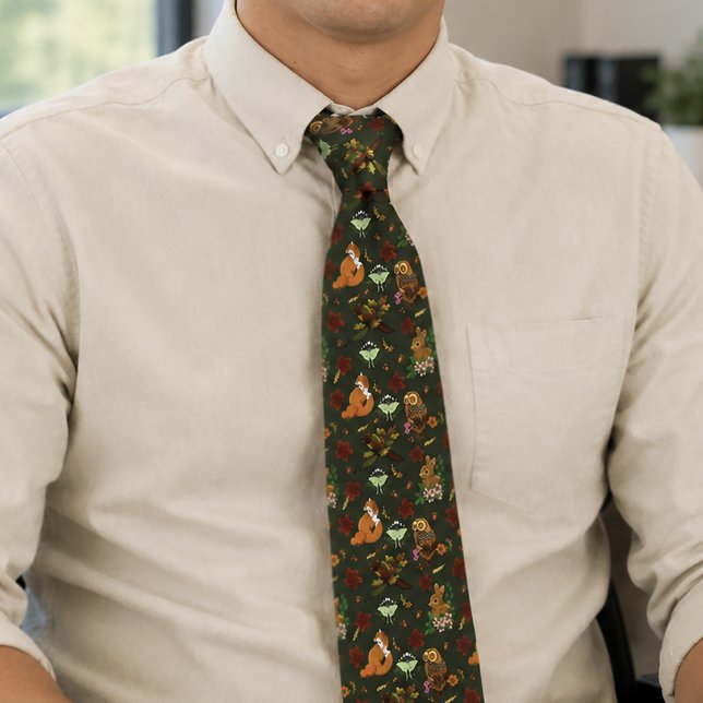 Autumn Woodland Forest Animals Green Pattern Tie (Creator Uploaded)