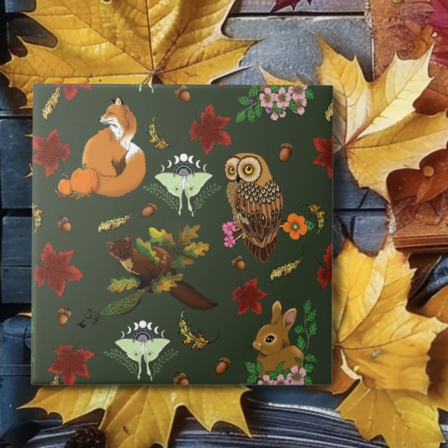 Autumn Woodland Forest Animals Green Pattern Tile (Creator Uploaded)