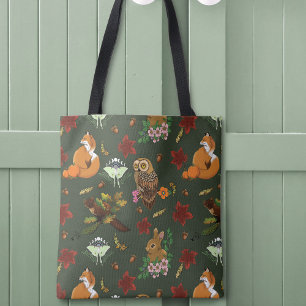 Autumn Woodland Forest Animals Green Pattern Tote Bag