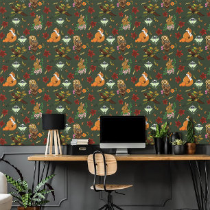 Autumn Woodland Forest Animals Green Pattern Wallpaper