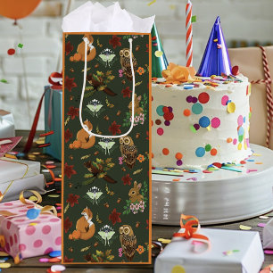 Autumn Woodland Forest Animals Green Pattern Wine Gift Bag