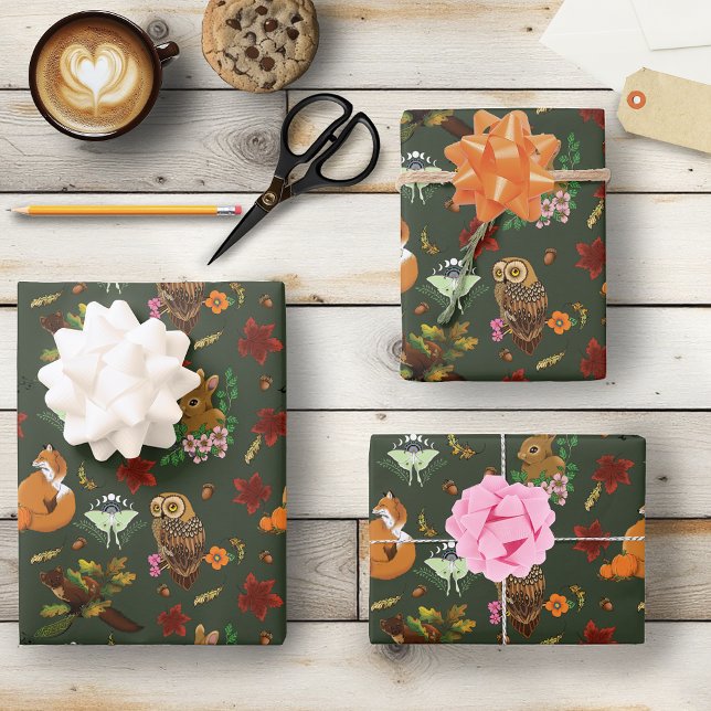 Autumn Woodland Forest Animals Green Wrapping Paper Sheet (Creator Uploaded)