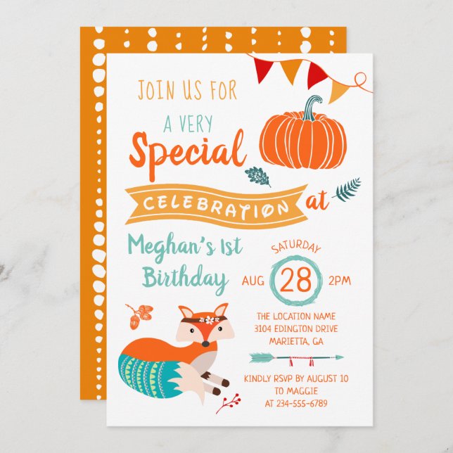 Autumn Woodland Fox Pumpkin Birthday Invitation (Front/Back)