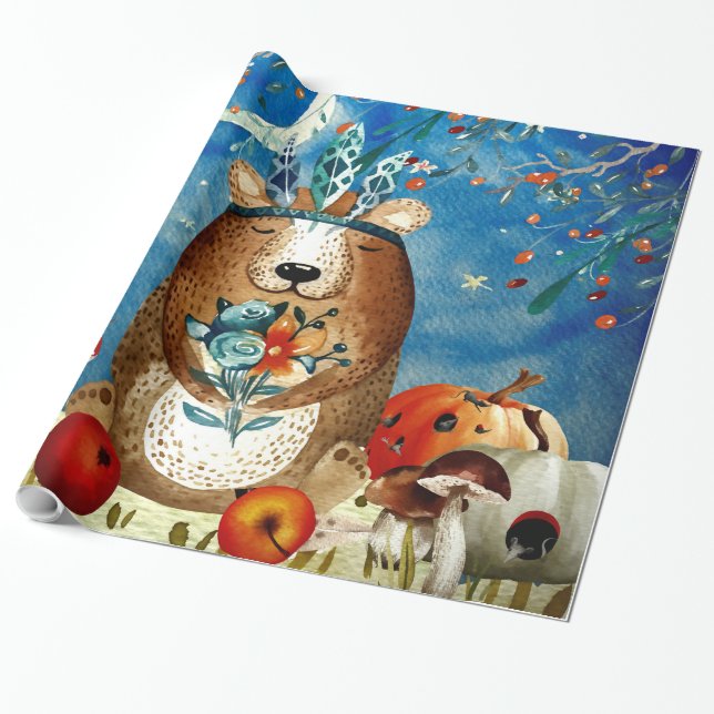 Autumn Woodland Friends Bear Forest Illustration Wrapping Paper (Unrolled)