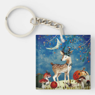 Autumn Woodland Friends Deer Forest Illustration Key Ring
