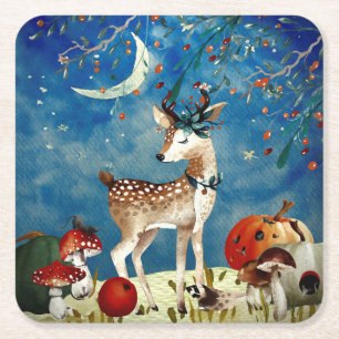 Autumn Woodland Friends Deer Forest Illustration Square Paper Coaster
