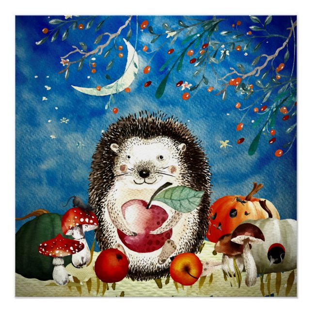 Autumn Woodland Friends Hedgehog Forest Drawing Poster (Front)