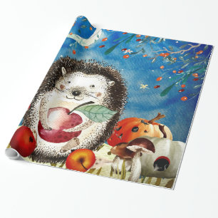 Autumn Woodland Friends Hedgehog Forest Drawing Wrapping Paper