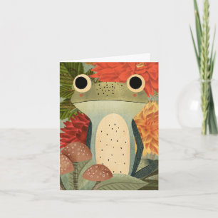 Autumn Woodland Green Frog with Flowers Note Card