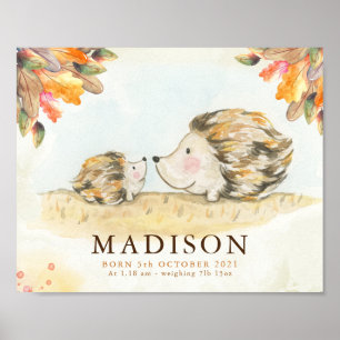 Autumn woodland hedgehog nursery name poster