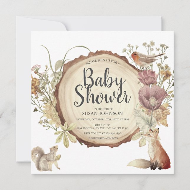 Autumn Woodland Rustic Wood Slice Baby Shower Invitation (Front)