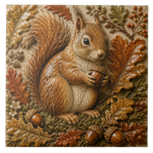 Autumn Woodland Squirrel with Acorn and Oak Leaves Tile