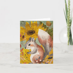 Autumn Woodland Squirrel with Yellow Flowers Note Card