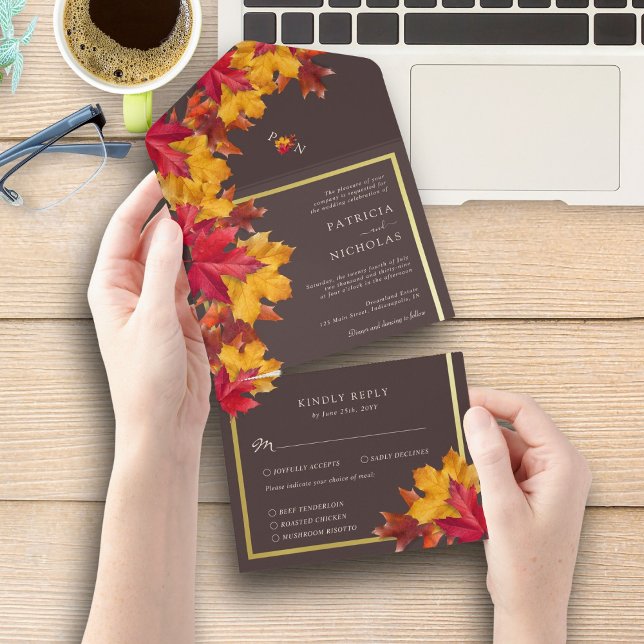 Autumn Woody Brown & Elegant Golden Frame Wedding  All In One Invitation (Creator Uploaded)