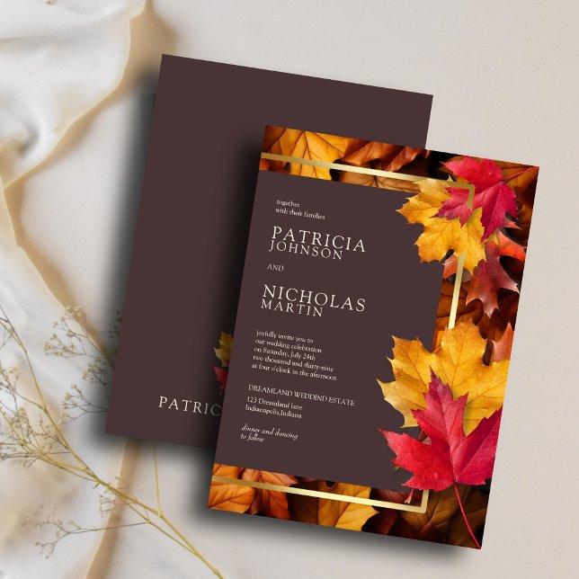 Autumn Woody Brown & Elegant Golden Frame Wedding Invitation (Creator Uploaded)