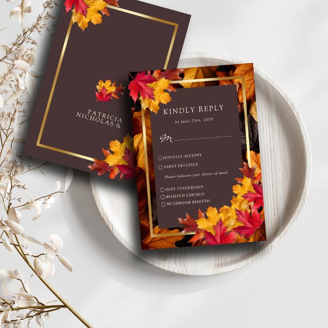 Autumn Woody Brown & Elegant Golden Frame Wedding RSVP Card (Creator Uploaded)