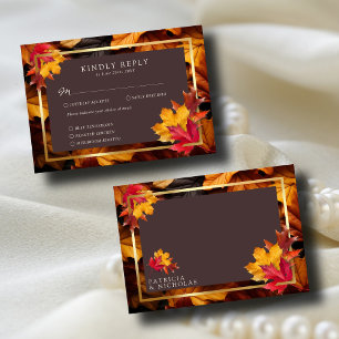 Autumn Woody Brown & Elegant Golden Frame Wedding RSVP Card