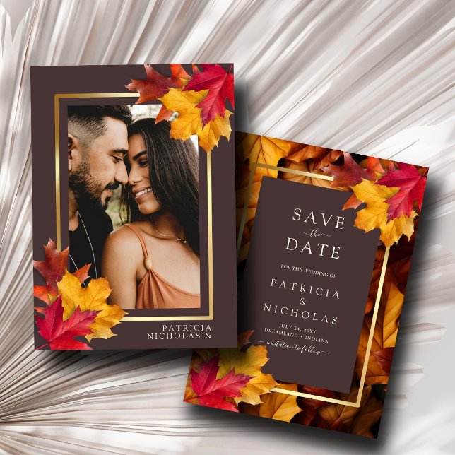 Autumn Woody Brown & Elegant Golden Frame Wedding  Save The Date (Creator Uploaded)