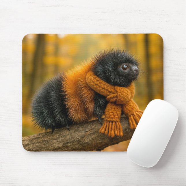 Autumn Woolly Bear Caterpillar Wearing a Scarf Mouse Pad (With Mouse)