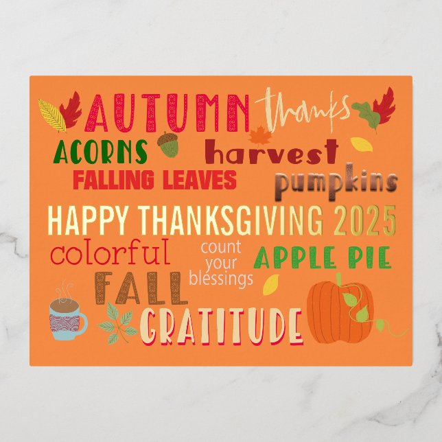 Autumn WordArt Happy Thanksgiving 2025 Glam Real Foil Holiday Postcard (Front)
