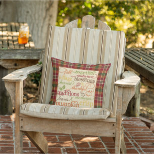 Autumn words on plaid cushion