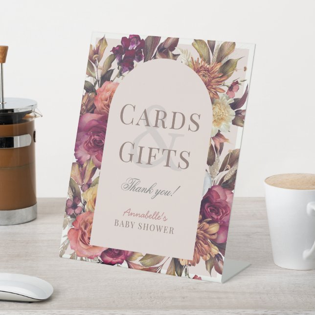 Autumn Wreath Arch Pink Baby Shower Cards & Gifts Pedestal Sign (In SItu)