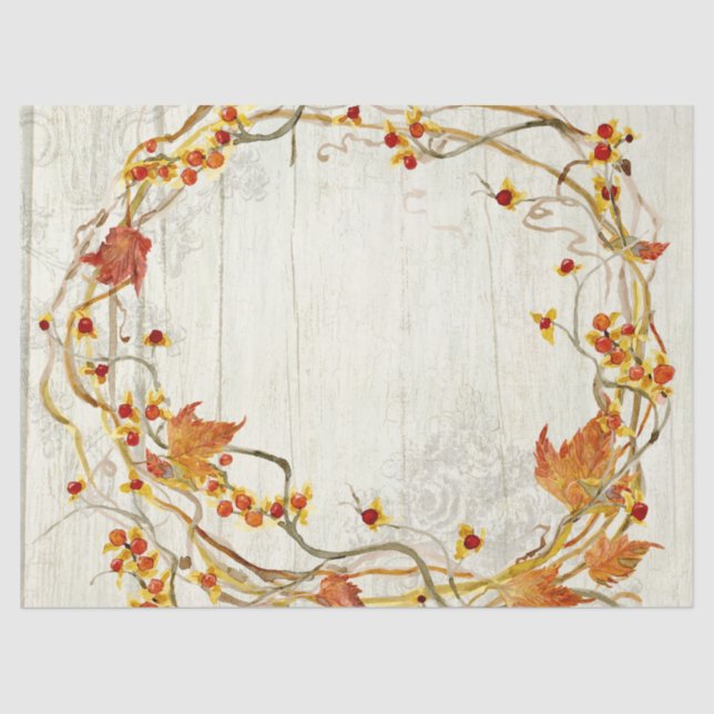 Autumn Wreath Fall Leaves Rustic Barn Wood Tissue Paper (Front)