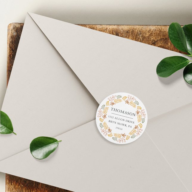 Autumn Wreath Return Address Classic Round Sticker (Creator Uploaded)