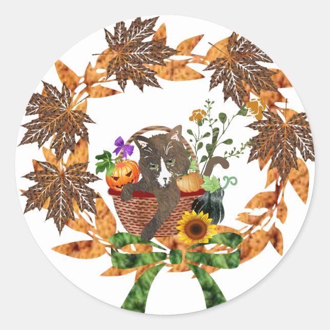 Autumn Wreath with Kitty in a basket Classic Round Sticker (Front)