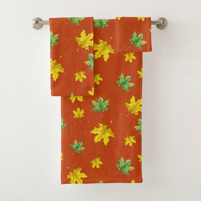 Autumn Yellow & Green Leaves Bath Towel Set (Insitu)