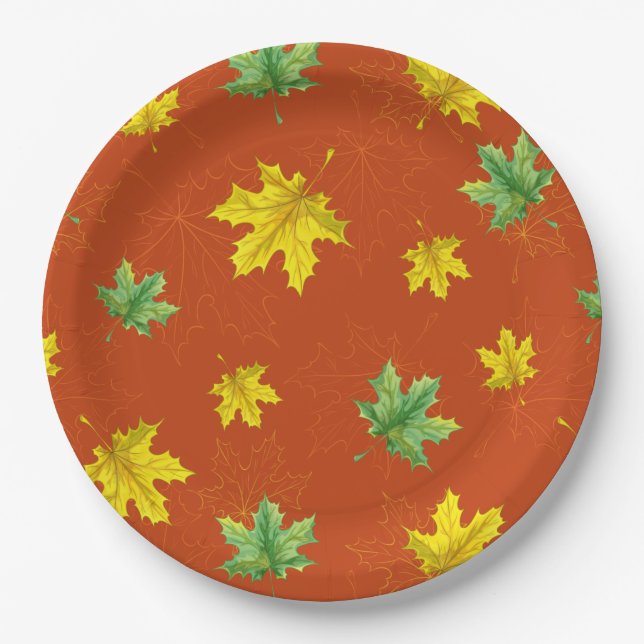 Autumn Yellow & Green Leaves Paper Plate (Front)