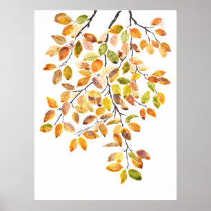 autumn yellow orange beech leaves watercolor  poster