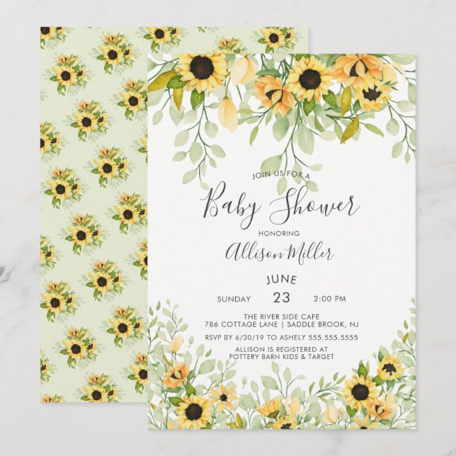 Autumn Yellow Sunflower Floral Baby Shower Invitation (Front/Back)